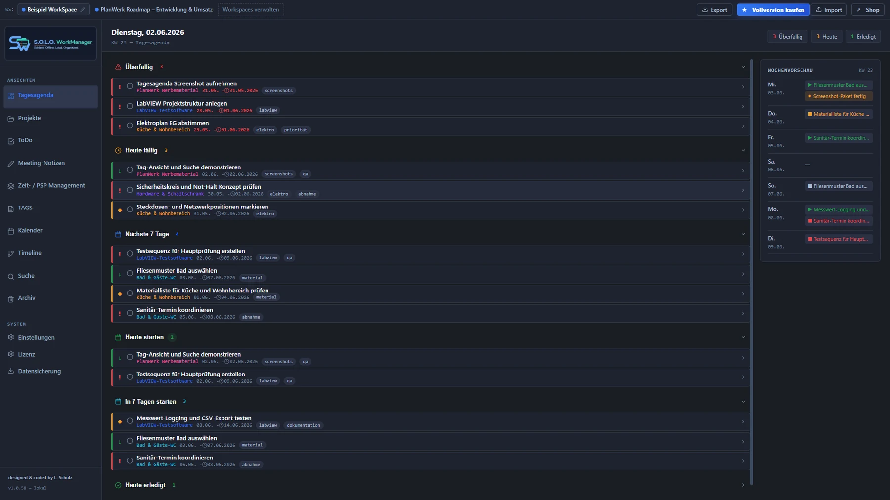 S.O.L.O. WorkManager Screenshot: lokale Tagesagenda und Aufgabenübersicht