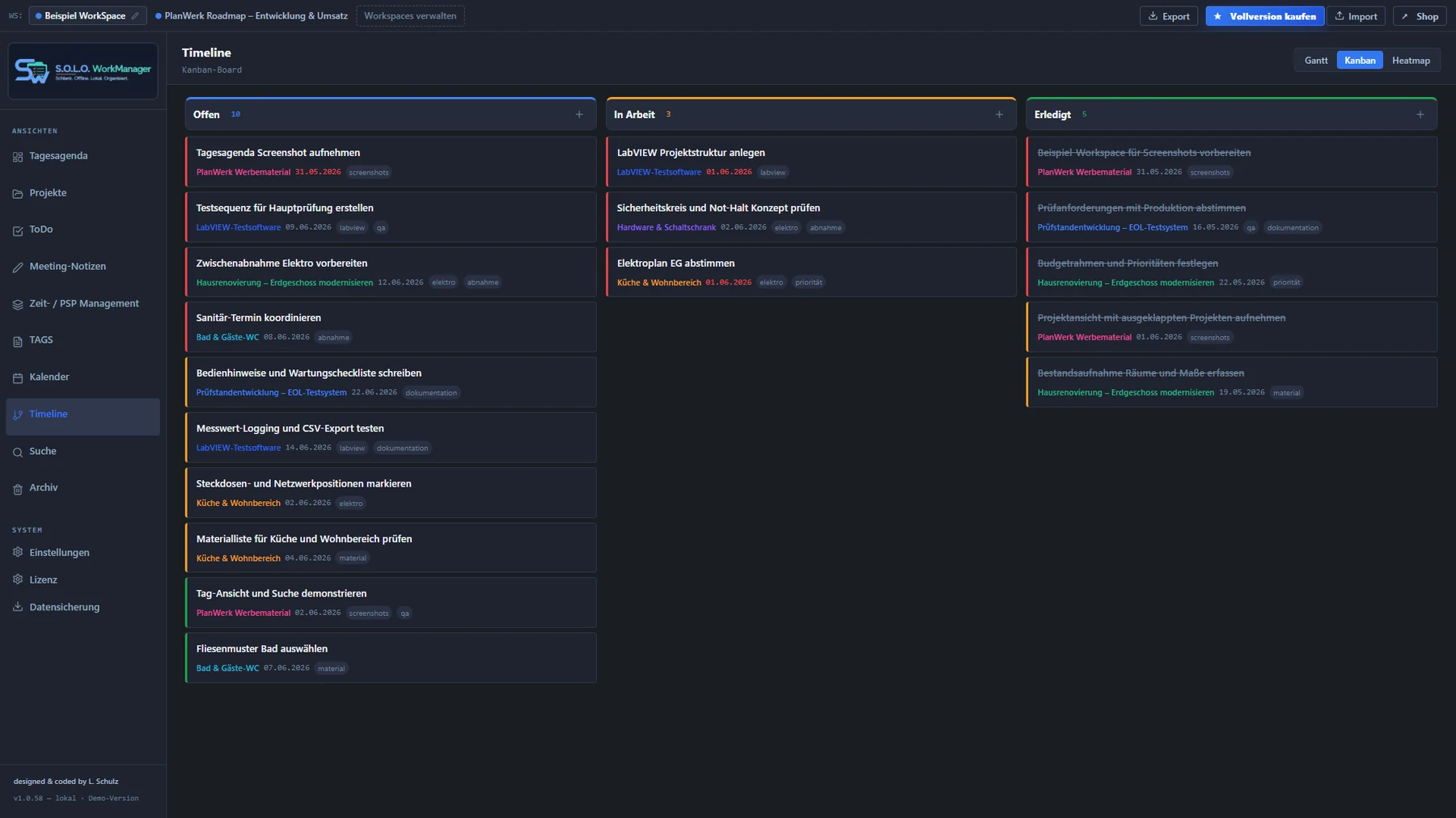 S.O.L.O. WorkManager Kanban-Board als lokale Projektmanagement-Ansicht