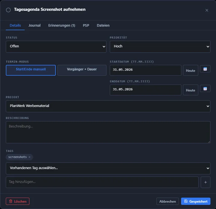 Screenshot: Aufgabendetails