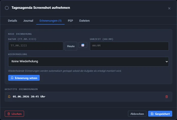 Screenshot: Erinnerungen