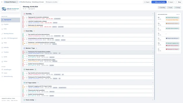 Screenshot: Tagesagenda im hellen Design